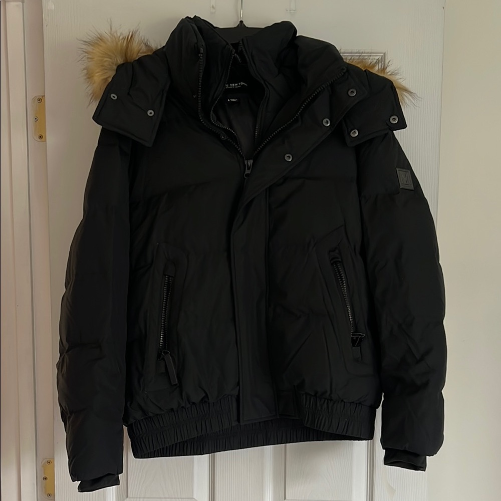 Marc New York Black Puffer Jacket with Hood and Fur Trim